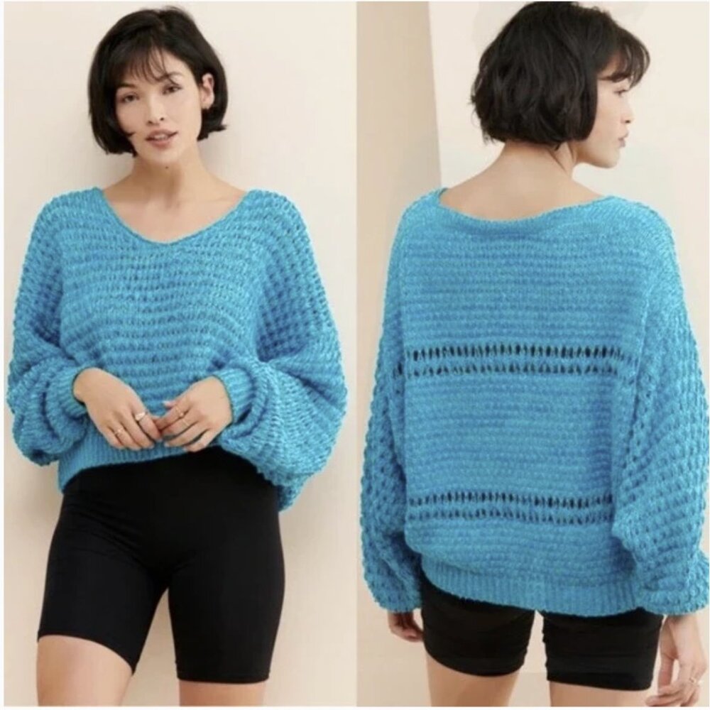 NWT Free People Coconut V-Neck Sweater Pristine Waters Loose Knit Oversized XL